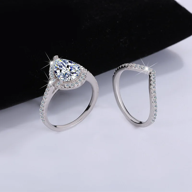 

High-quality Silver Moissanite Teardrop Ring Set, Inlaid Ring, Women's Set, Stacked Women's Ring