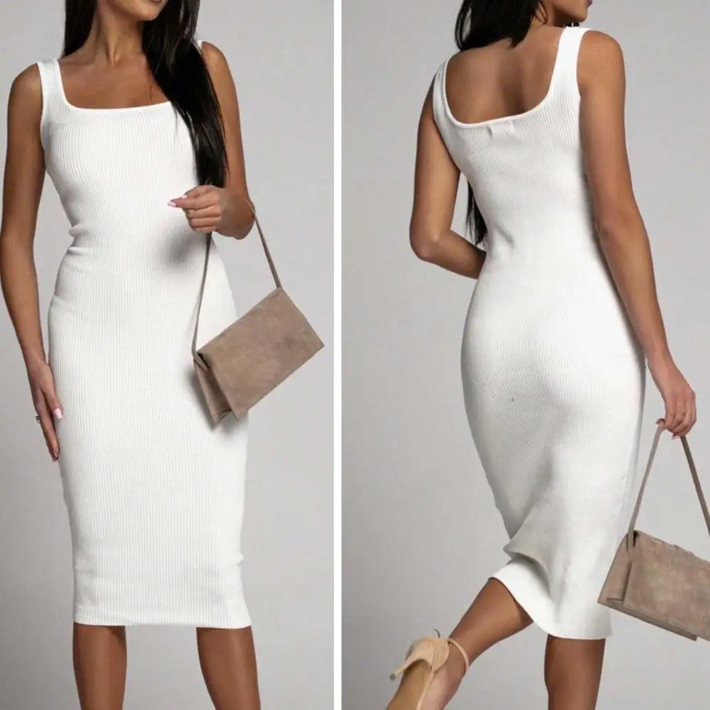 Fabulous Summer Dress Bodycon Women Sheath Dress Square Neck Tight Waist Breathable Party Dress  Solid Color