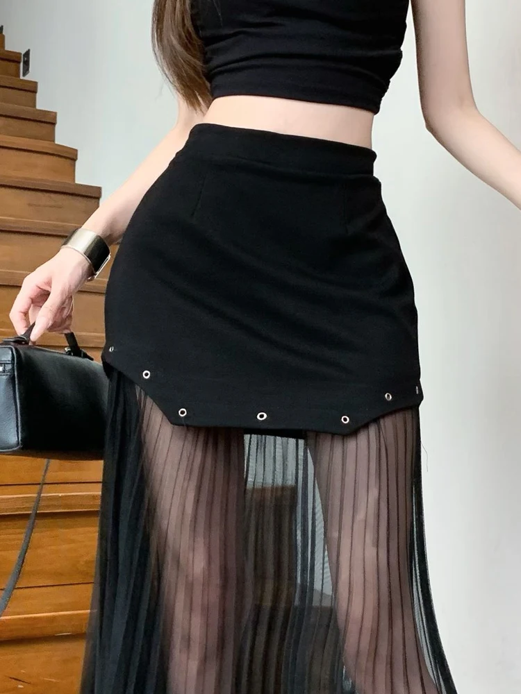 Women's Black Mesh Stitching Suit Skirt 2024 Summer High Waist Elastic Thin Slim A-Line Pleated Long Large Umbrella Skirts Tide