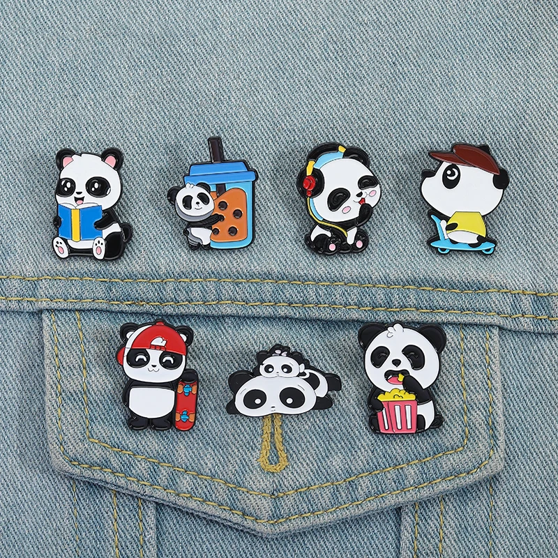 Panda Reading Enamel Pins Custom Panda Sports Listening to Music Brooches Lapel Badges Clothes Animal Jewelry Gift for Friends