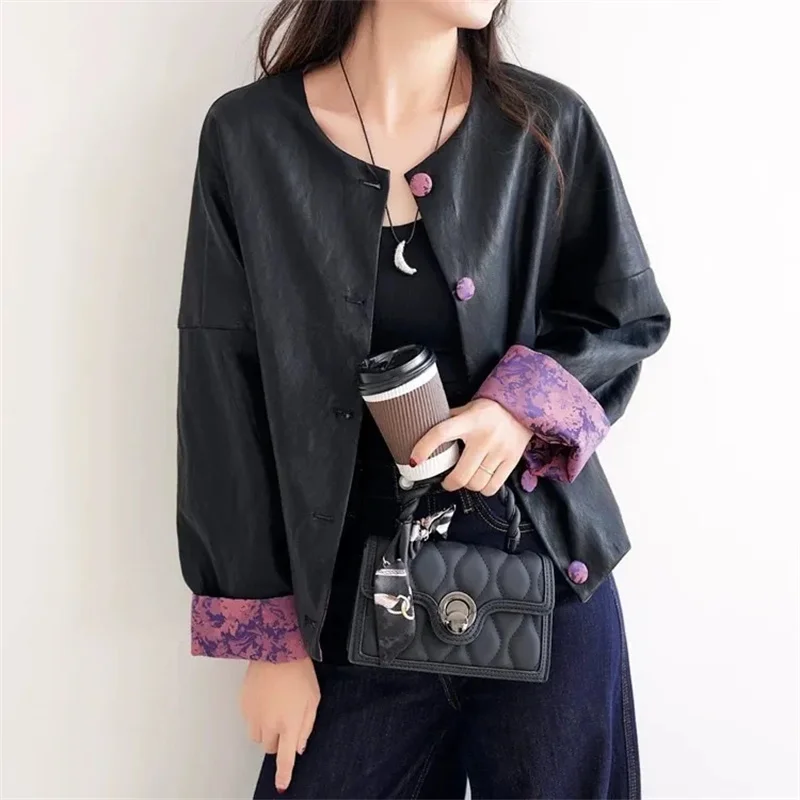 

Korean Women Jacquard Patchwork PU Leather Outwear Autumn Female Long Sleeves Coat Spring Ladies Round Neck Faux Leather Jacket