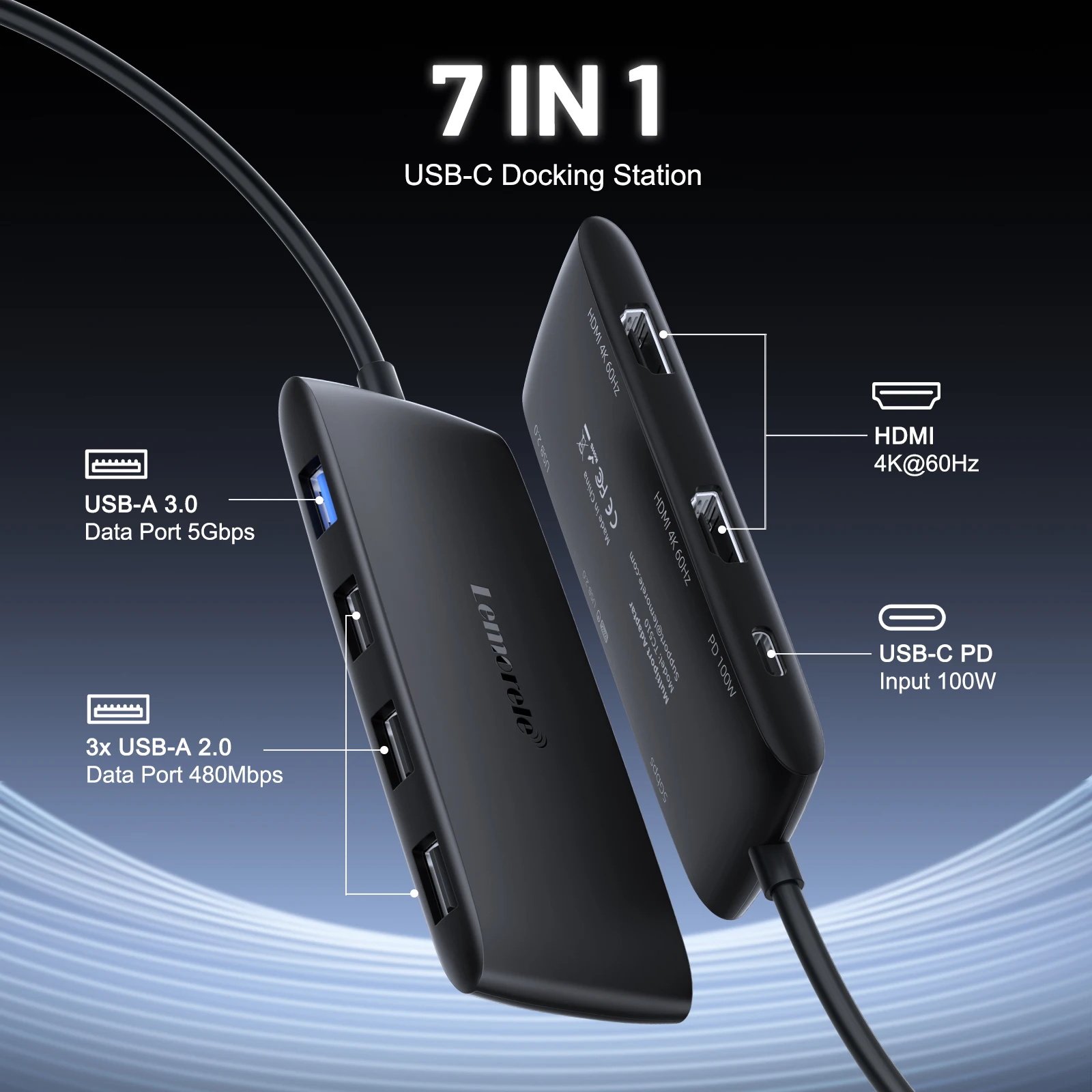 Lemorele TC510 7-w-1 Stacja Dokująca USB-C Adapter Hub USB-C z Podwójnym HDMI 4K@60Hz dla Windows, MacBook Air, Laptopów — zdjęcie produktu 2