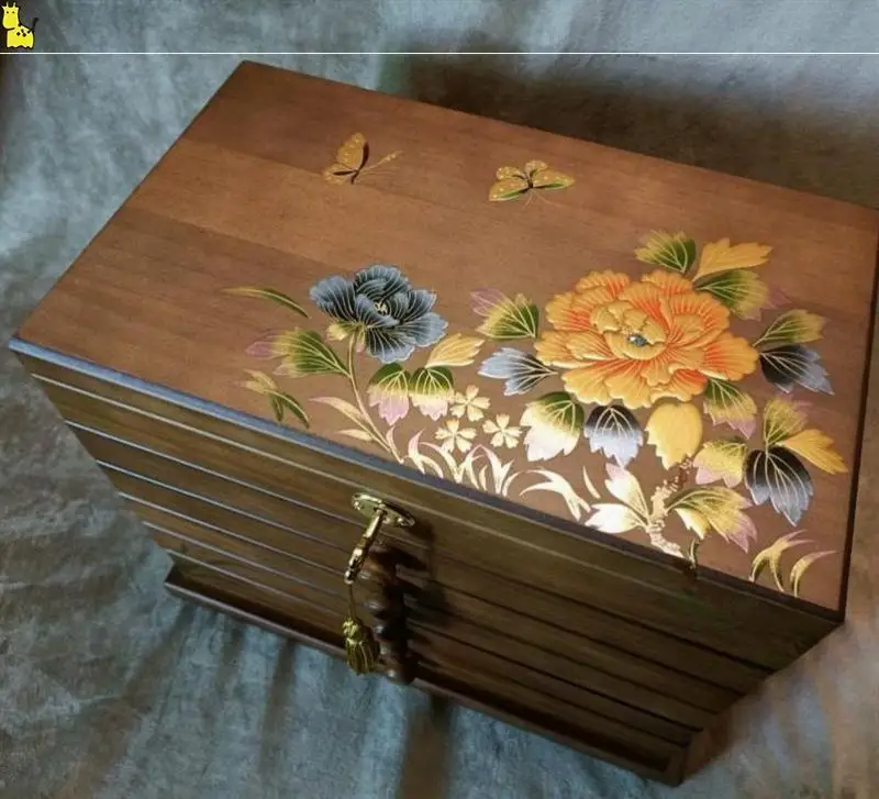 Chinese Style Exquisite Wooden Flower Printed Lacquerware Jewelry Box Wedding Gift Box with Lock Multi Layers Storage Box