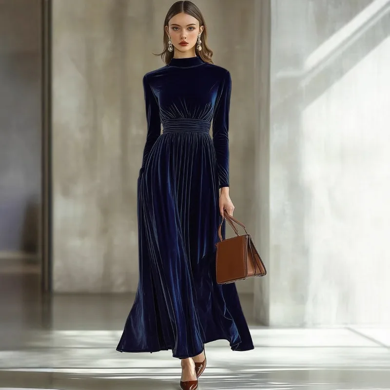 

New Autumn Winter Elegant Long Velvet Women Dress Solid Color Fresh Feel Round Neck Full Sleeve Ankle Length Women's Dress