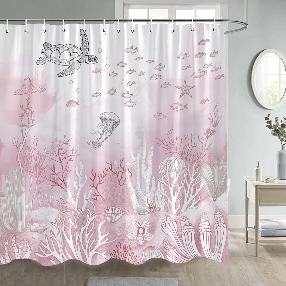 Pink Nautical Shower Curtain Sea Turtle Ocean Animal Coral Undersea Summer Modern Polyester Bath Curtain with Hook Home Decor