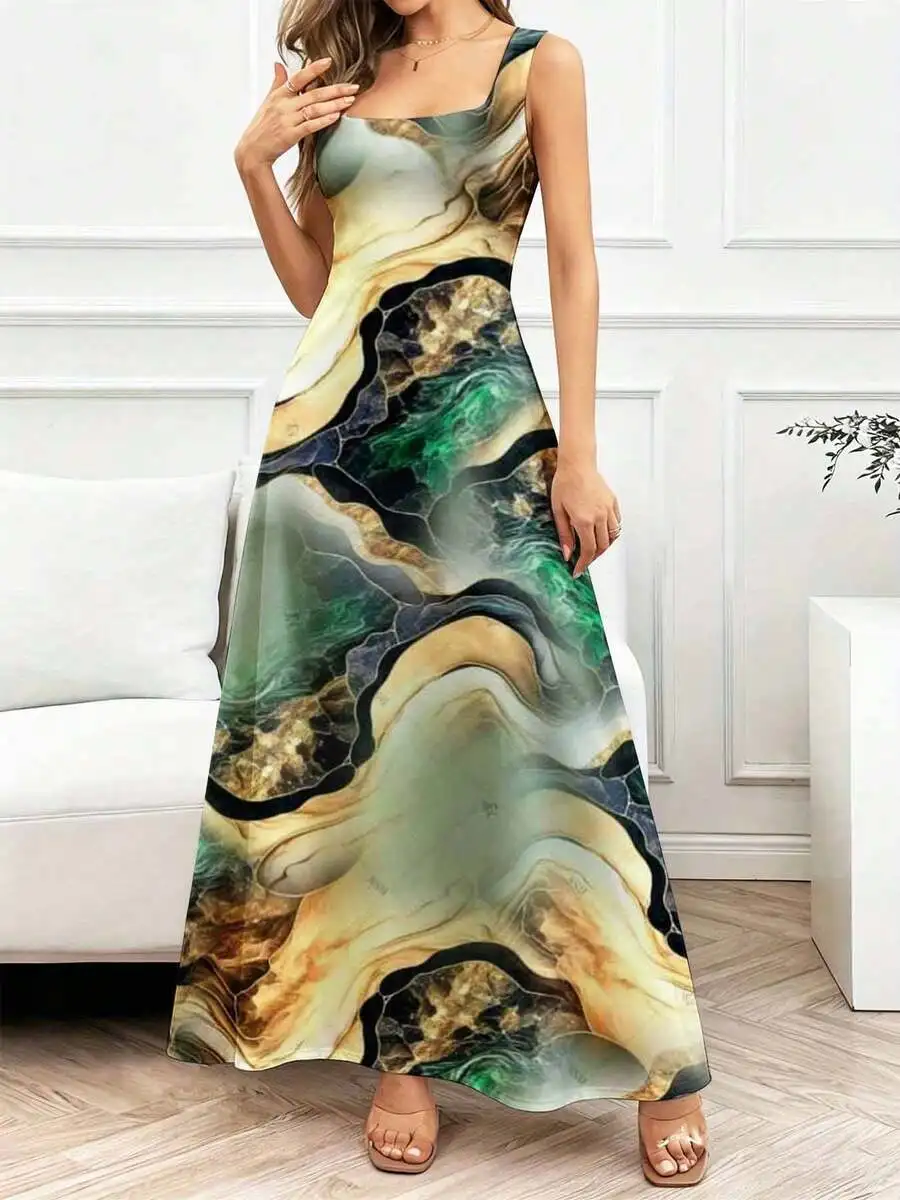 

Elegant Square Neck Abstract Marble Print Flowing Maxi Dress For Women