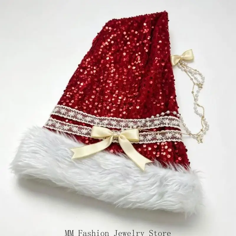 Reflective Christmas Cap with Extended Pull-On White Long-Pile Brim Trim and Round Tip for Stage Costumes D0UB