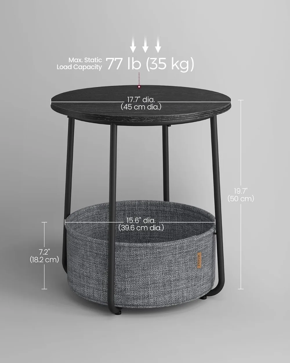 VASAGLE Small Round Side End Table, Modern Nightstand with Fabric Basket, Ebony Black and Slate Gray ULET223B01