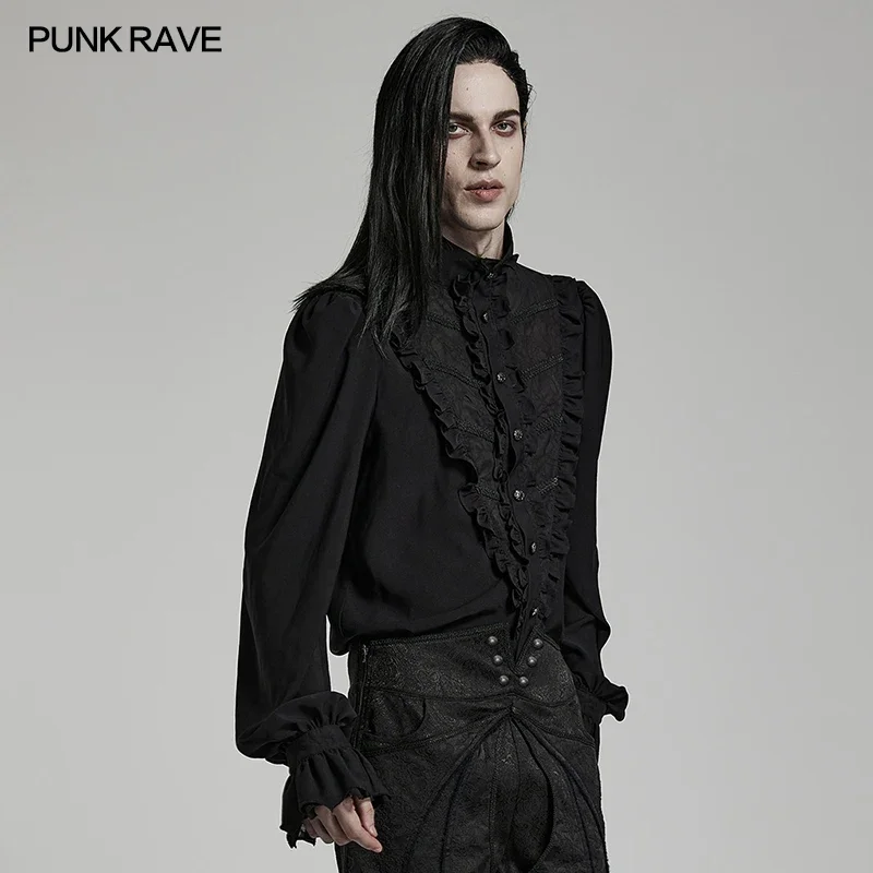 PUNK RAVE Men\'s Gothic Chiffon Exquisite Ruffle Stand Collar Shirt Party Club Tops Spring/Autumn Shirts for Men Clothing