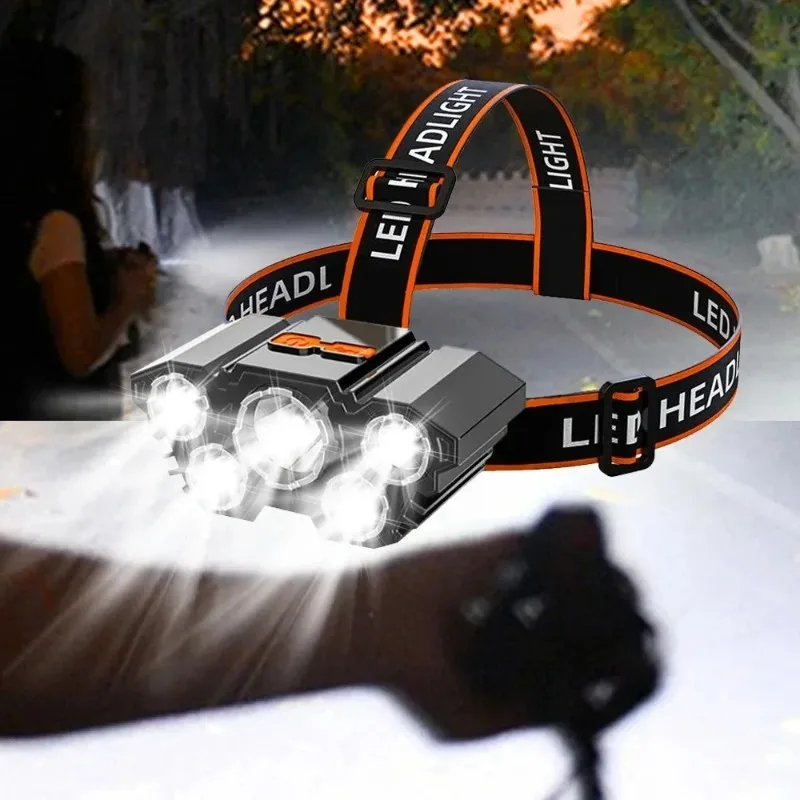 5개의 램프 비드가 있는 USB 충전식 LED 헤드램프 4가지 조명 모드 탄성 헤드밴드 경량 휴대용 헤드라이트