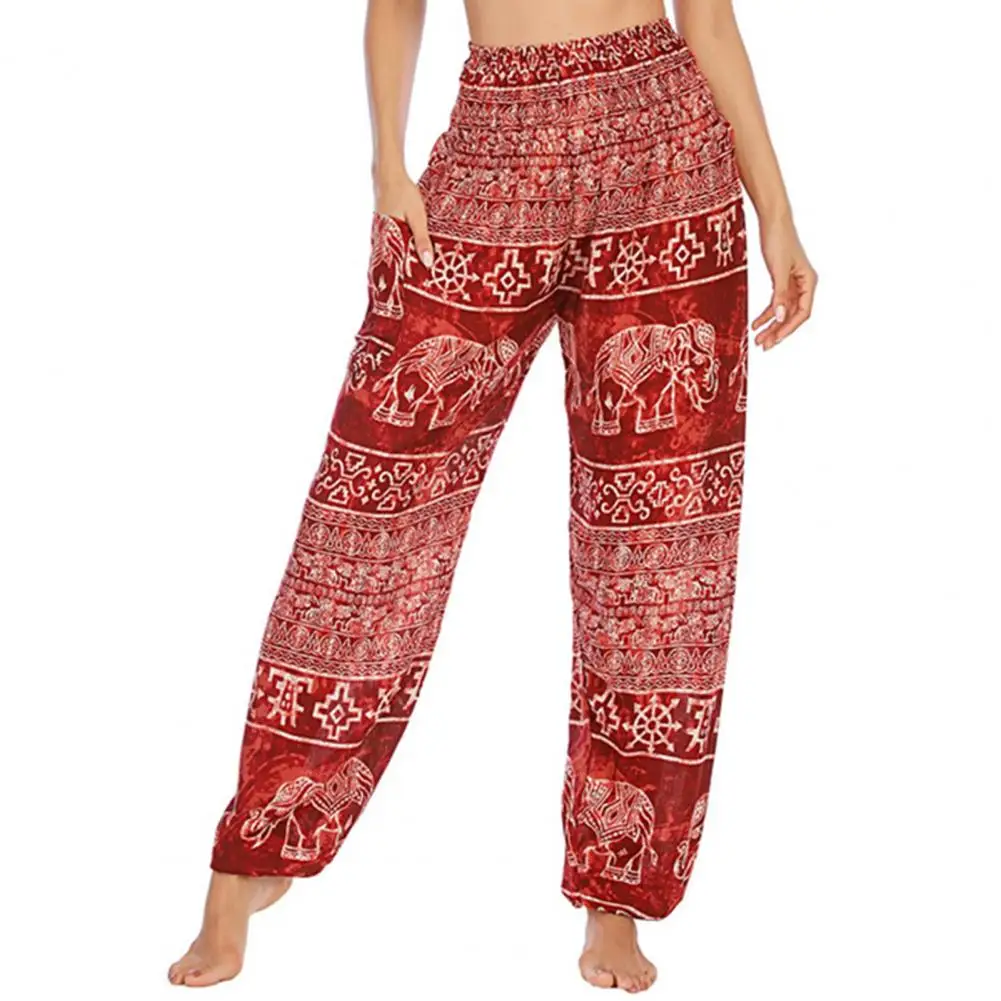 

Wide-leg Elastic Waist Pants Loose Fit Pants Thai Elephant Print Harem Yoga Pants with Pockets for Women Wide-leg for Vacation