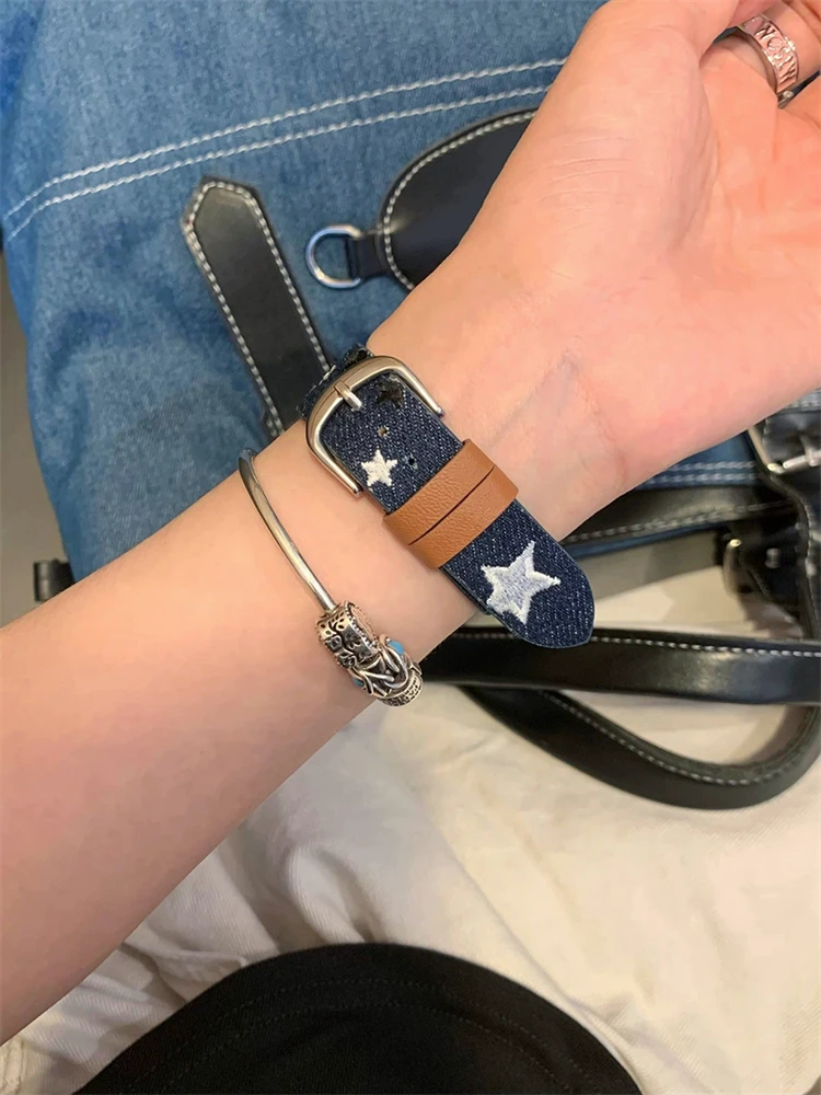 Y2k Star Butterfly Embroidered Denim Leather Watch Strap For Apple Watch Band 41mm 40mm 38mm Girl Band For iwatch 8 7 SE 6 5 4 3