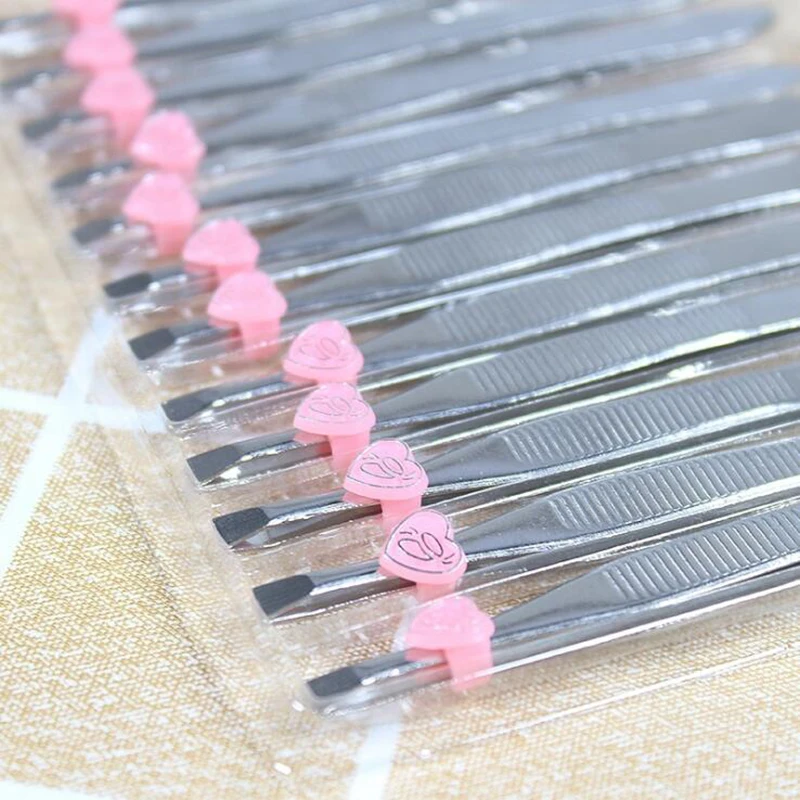 12pcs Hair Removal Tweezers Stainless Steel Eyebrow Tweezers Pink Slanted Silver Tip Point Face Harmless Makeup Beauty Tool