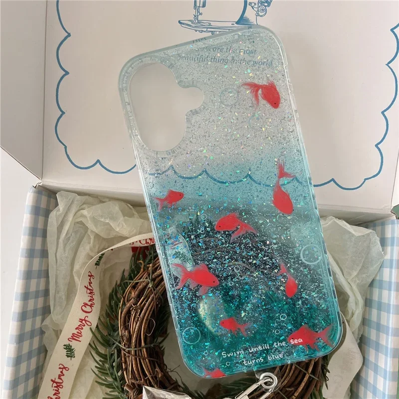 akwarium złota rybka Gradientowe niebieskie brokatowe cekiny Przezroczyste etui na telefon do iPhone'a 16 15 14 13 Pro Max Etui Cute Luxury Cartoon Cover