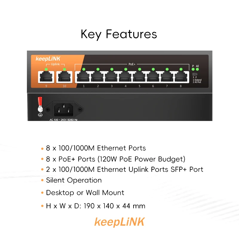 KeepLiNK KP-9000-10GP-MAC 10-портовый гигабитный неуправляемый коммутатор с 8-PoE и 2-RJ45 для Uplink 135 Вт PoE Budget для видеонаблюдения