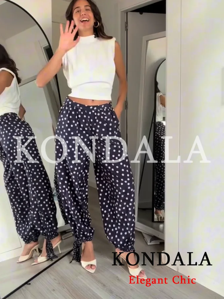 KONDALA Women Vintage Trendy Polka Dot Bloomers Pants Zipper Lace-up Pants New Fashion 2026 Summer Holiday Casual Y2K Lady Pants