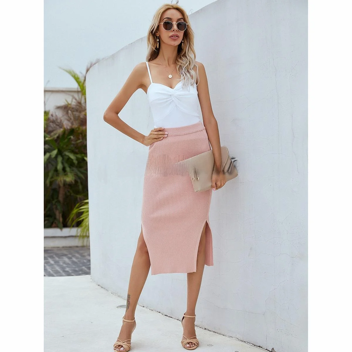

Faionable Mid-Length Pencil Skirt OL Commute Slim Fit Pure Color Slit f Body Skirt Spring Summer Cross-Border Long Sve