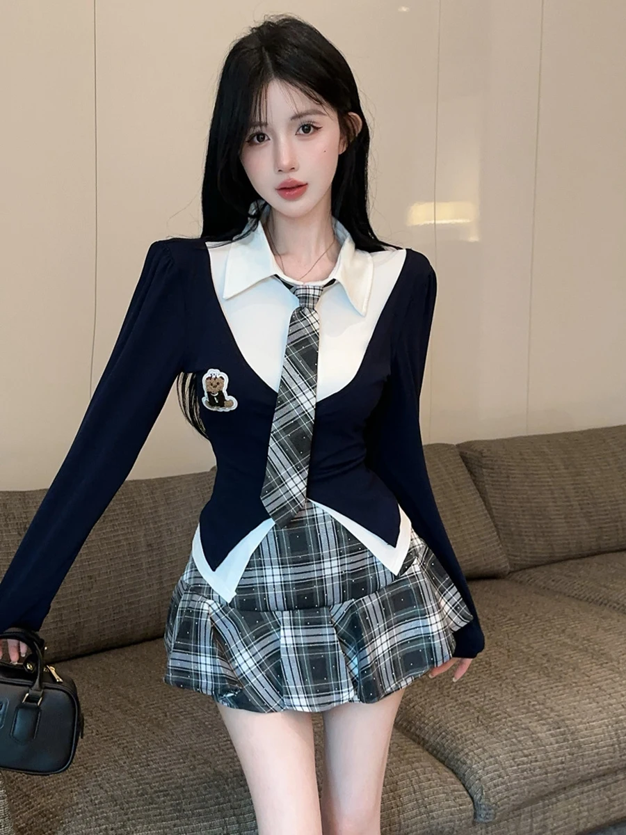 Sexy Spicy Girl High Waist A-Line  Skirt Set with Long Sleeve  Shirt And Tie Irregular Plaid Pattern for Women