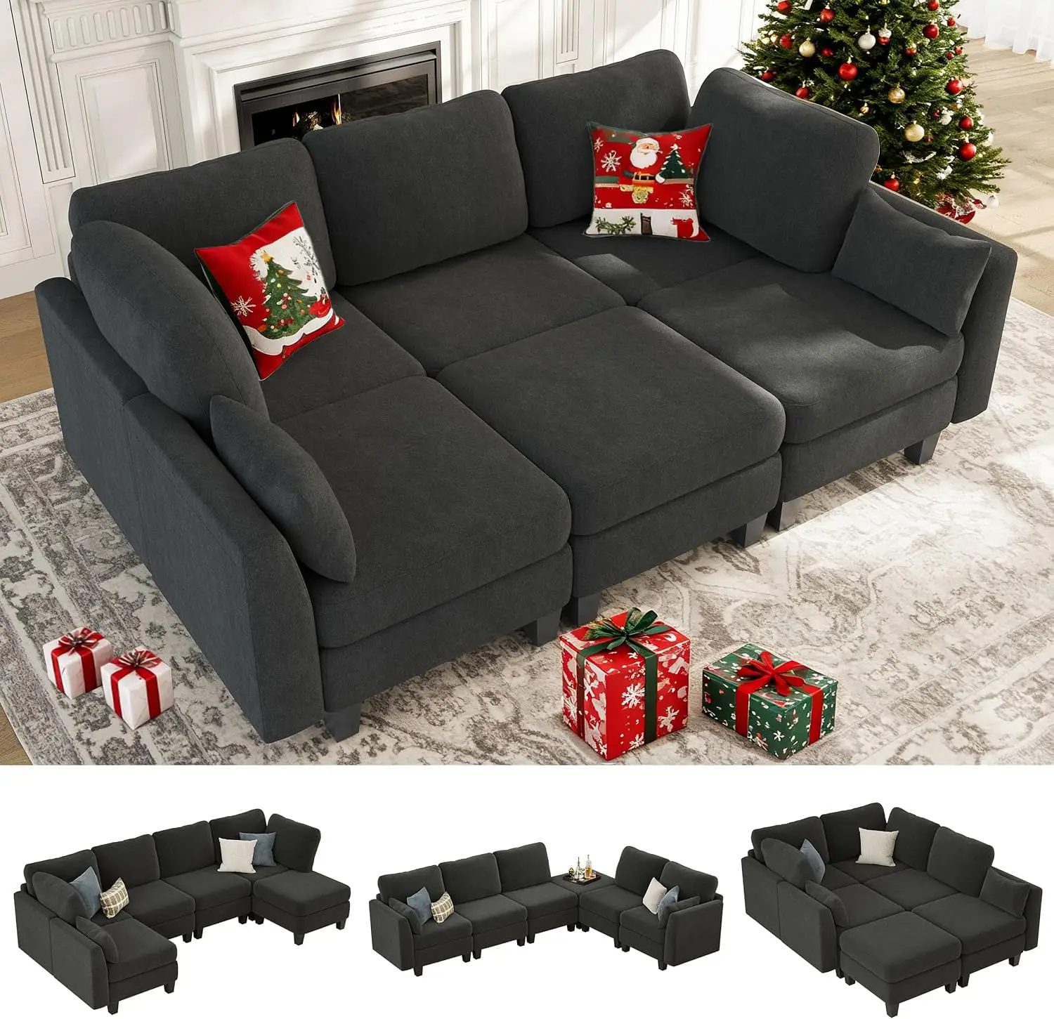 

6 Seat Modular Sleeper Sectional Sofa Couch Bed Convertible with Ottoman Living Room Dark Grey, Customized