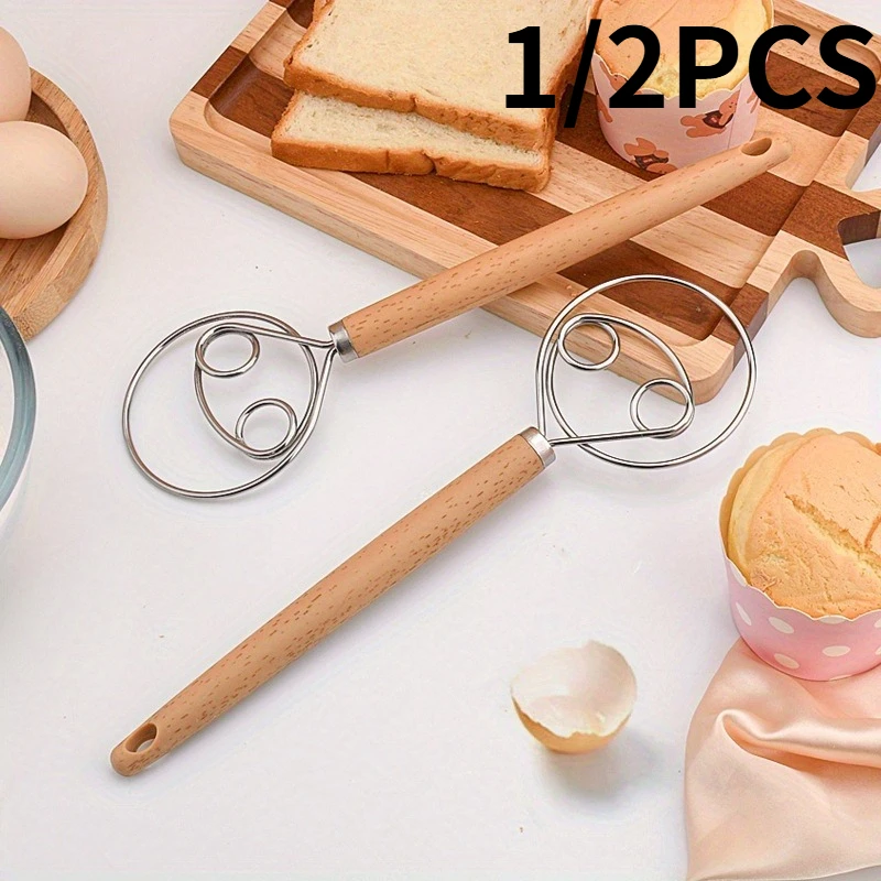 Stainless Steel Danish Dough Whisk with Wooden Handle, Versatile Hand Mixer for Bread, Pastries, and Cake Baking Kitchen Tool