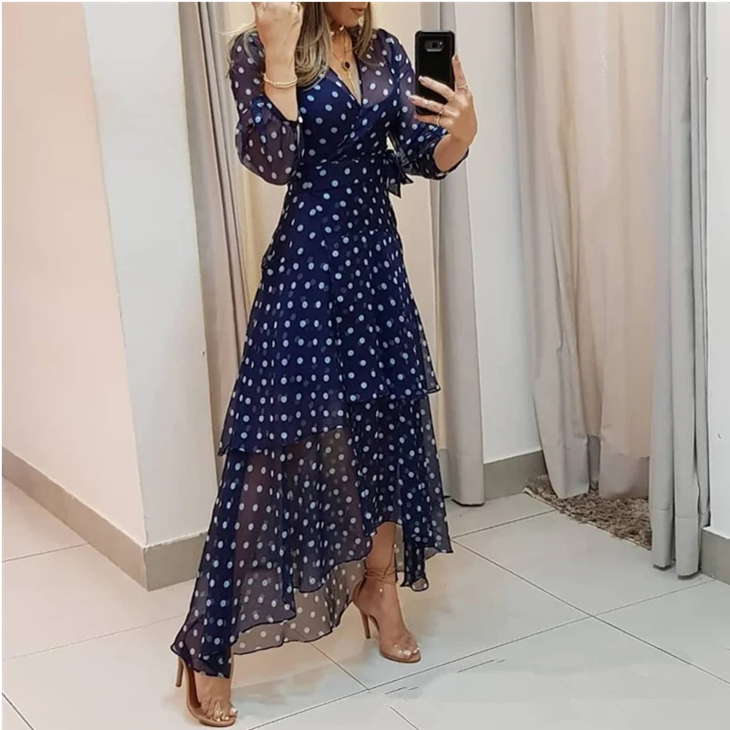 Casual Female Long Sleeve V Neck Corset Bohemian Vacation Dress Women Elegant Fashion Dot Print Loose Ruffle Long Dress