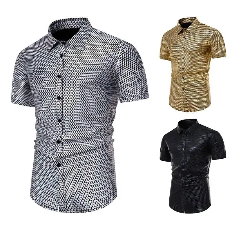 Summer Men's Shirt European Size New Shirt Diamond Hot Stamping Printed Performance Outfit Short Sleeved Shirt For Men