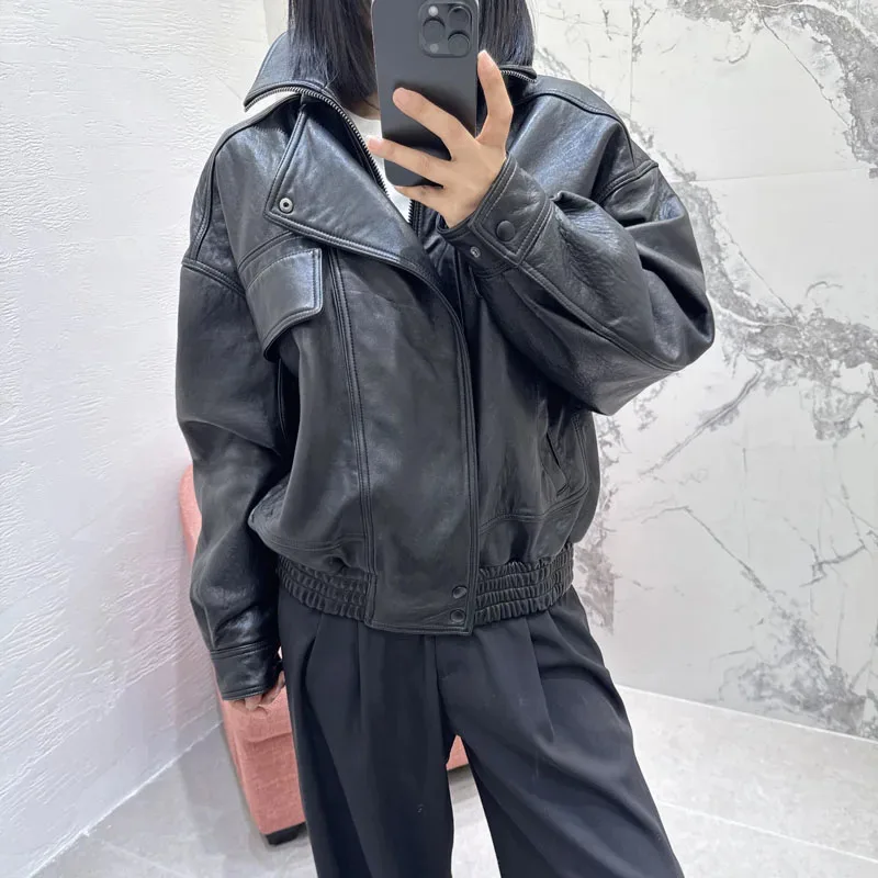 Genuine Leather Jacket Short Turn-Down Collar Clothes Drop Shoulder Sleeves Casual Style Women Coat Spring Autumn