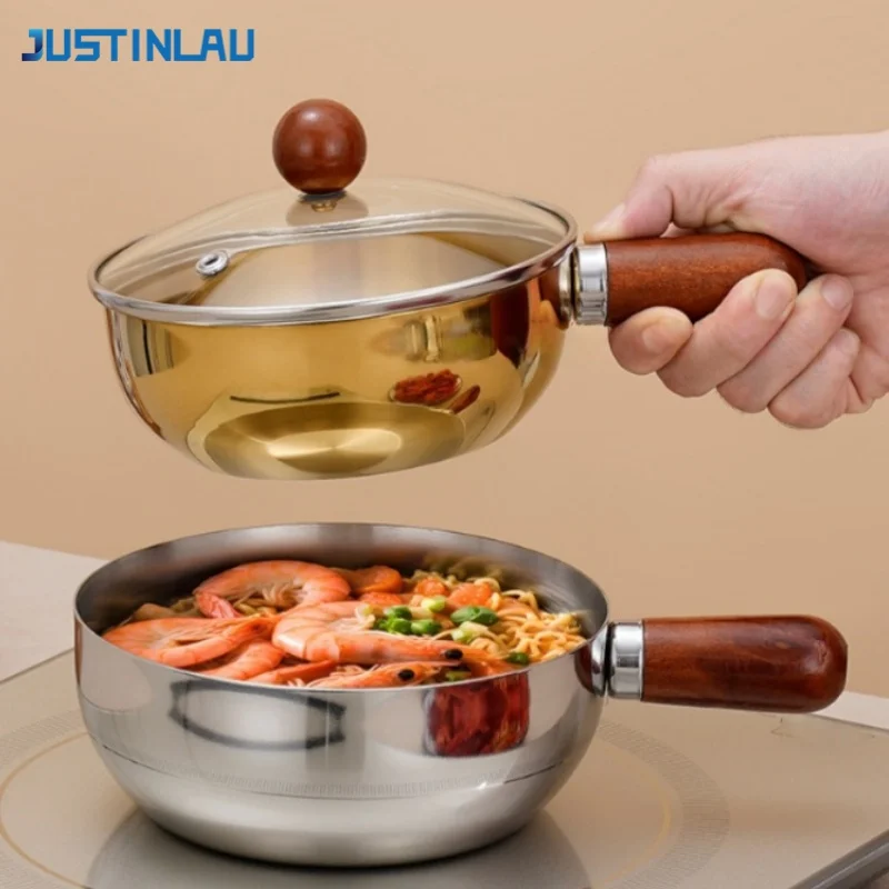 JUSTINLAU Mini Instant Noodles Pot 14/16cm Soup Pot with Walnut Handle Kitchen Oil-spreading Pan Small Snack Pan Universal Stove