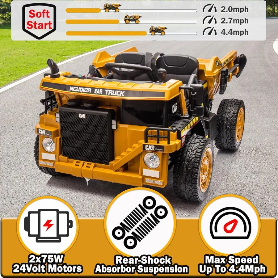 24V Ride on Dump Truck, Kids Electric Car with Remote Control, Ride on Construction Vehicles with Electric Dump Bed and Extra Sh