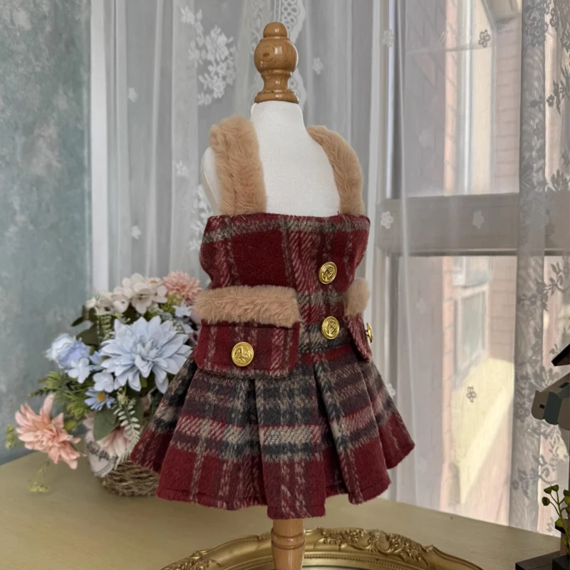 Retro Wine Red Woolen Grid Skirts Puppy Dog Cat Clothing Winter Plush Warm Sling Dresses For Small Medium Dog Poodle Pet Clothes