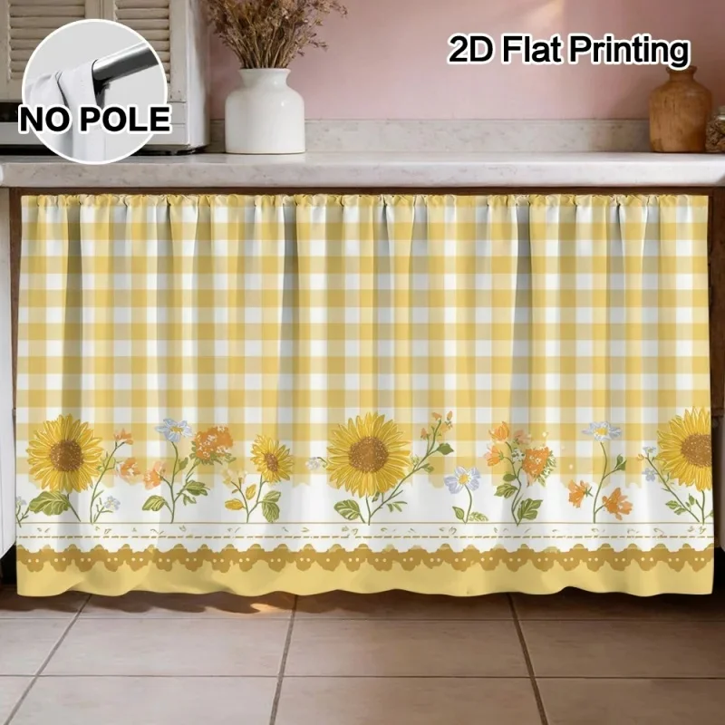 VIKAMA Kitchen Cabinet Curtain Yellow Gingham Sunflower Floral Print Dust‑Proof Short Curtain for Sink Counter Home Decor