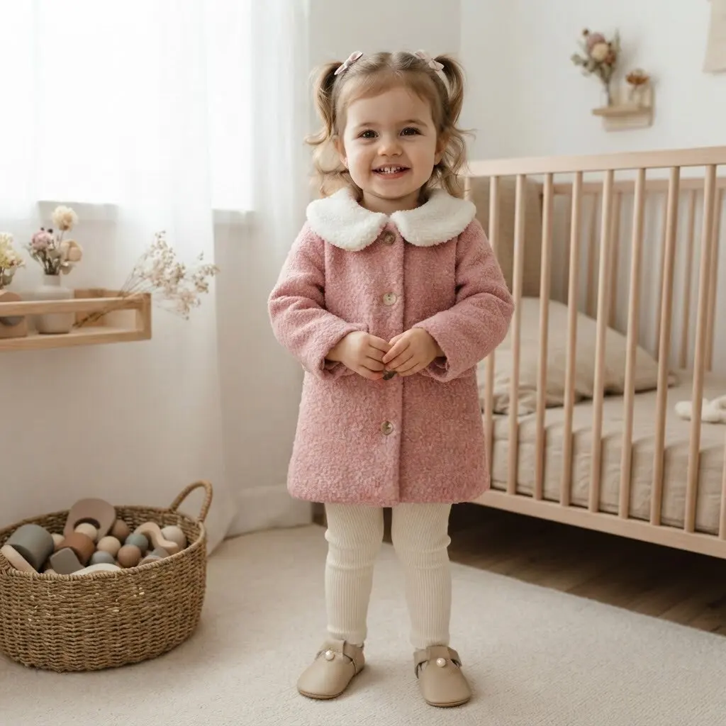 Baby Girl Pink Teddy Coat White Peter Pan Collar Toddler Single Breasted Warm Jacket Infant Winter Outerwear
