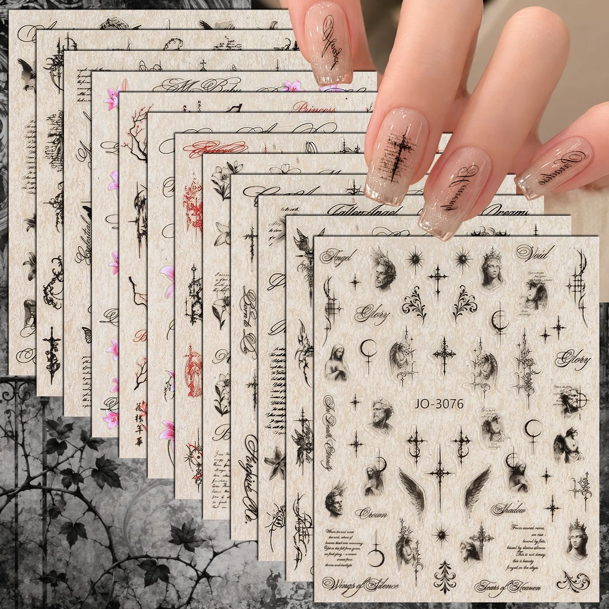 3 to 12 Sheets 3D Gothic Angel Cross Wings Script Lily Flower Vintage Tattoo Dark Academia Self-Adhesive Nail Art Stickers