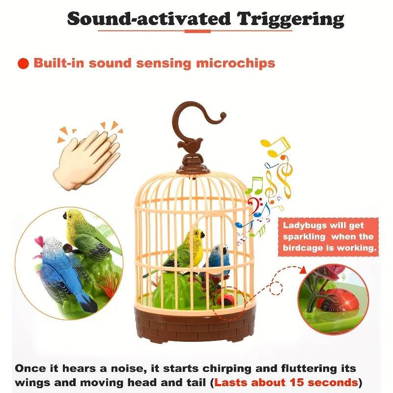 ألعاب قفص العصافير الصغيرة التي تعمل بالصوت ، ألعاب النقيق والأجنحة ترفرف الببغاء الحيوانات لعبة هدايا للأطفال الأطفال هدية الكريسماس