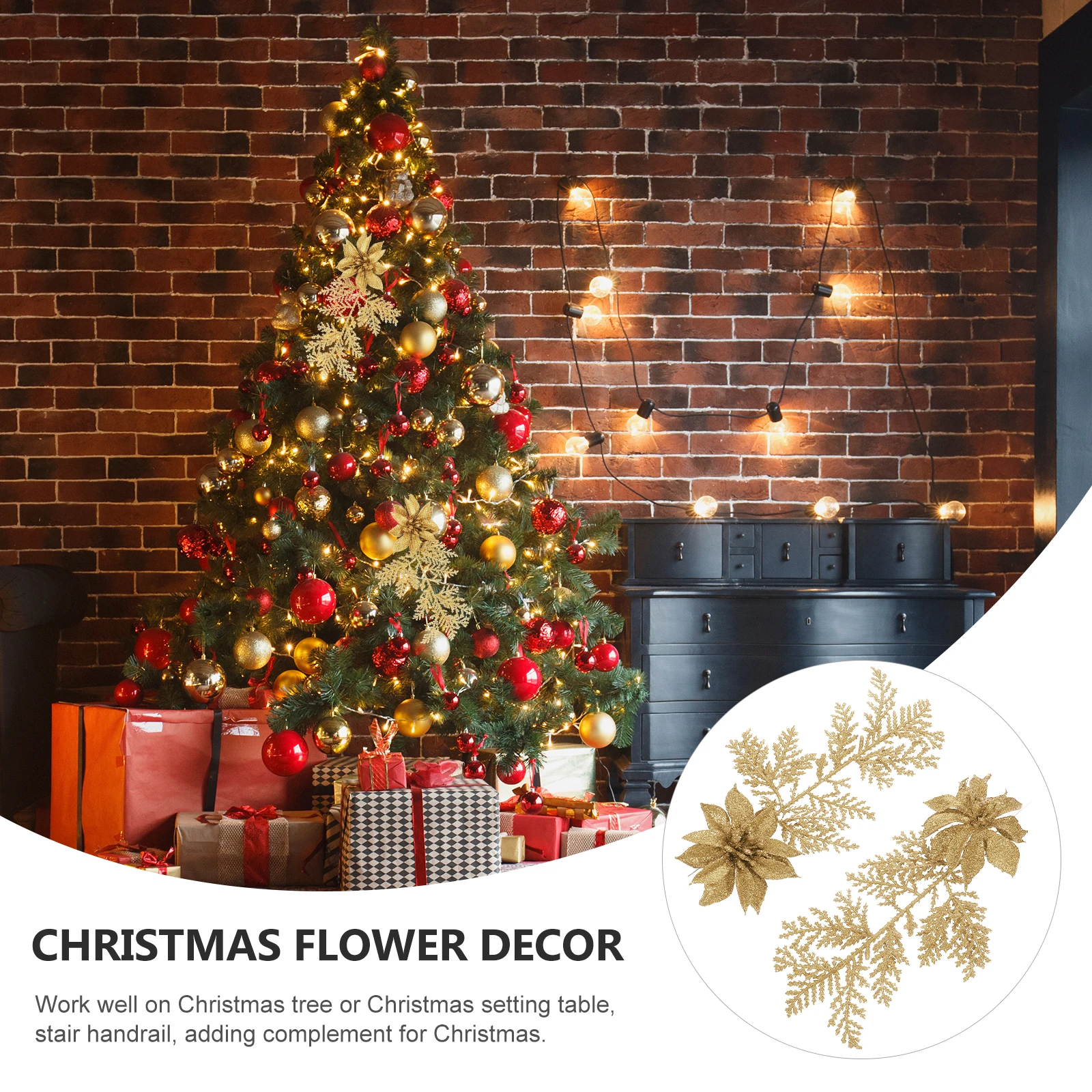 

6 Pcs Christmas Flower Pendant Faux Pine Stems Branches Decorations for Decorating Winter Realistic Glitter Artificial Twigs