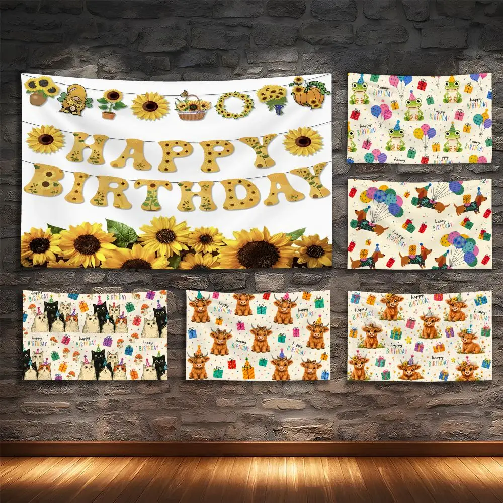Happy Birthday Cartoon Children Tapestry Custom Living Bedroom Party Dormitory Interior Wall Bohemian Decoration Attached Clip