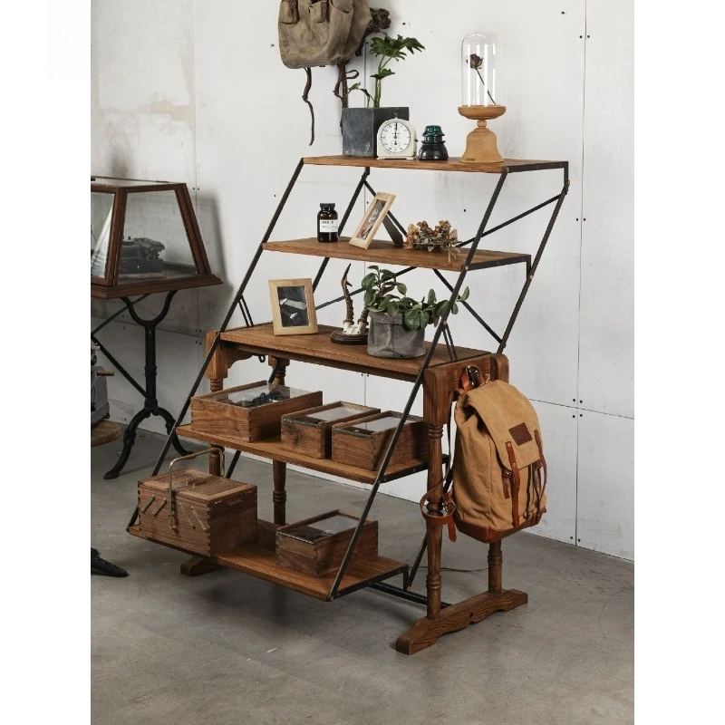 

Retro folding deformation shelf, multi-functional creative multi-layer solid wood display shelf