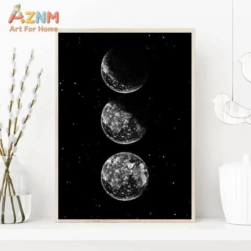 AZNM Black White Art Moon Phase Posters Aesthetic Canvas Prints Painting Wall Picture For Living Room Bar Cafe Home Decor