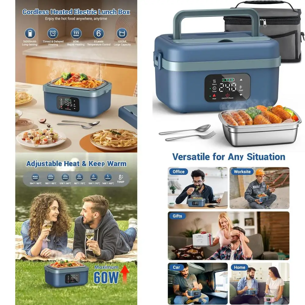 

Portable 1L Electric Heated Lunch Box, 16000mAh Rechargeable, Ideal for Office, Picnic, Car & Outdoor Use