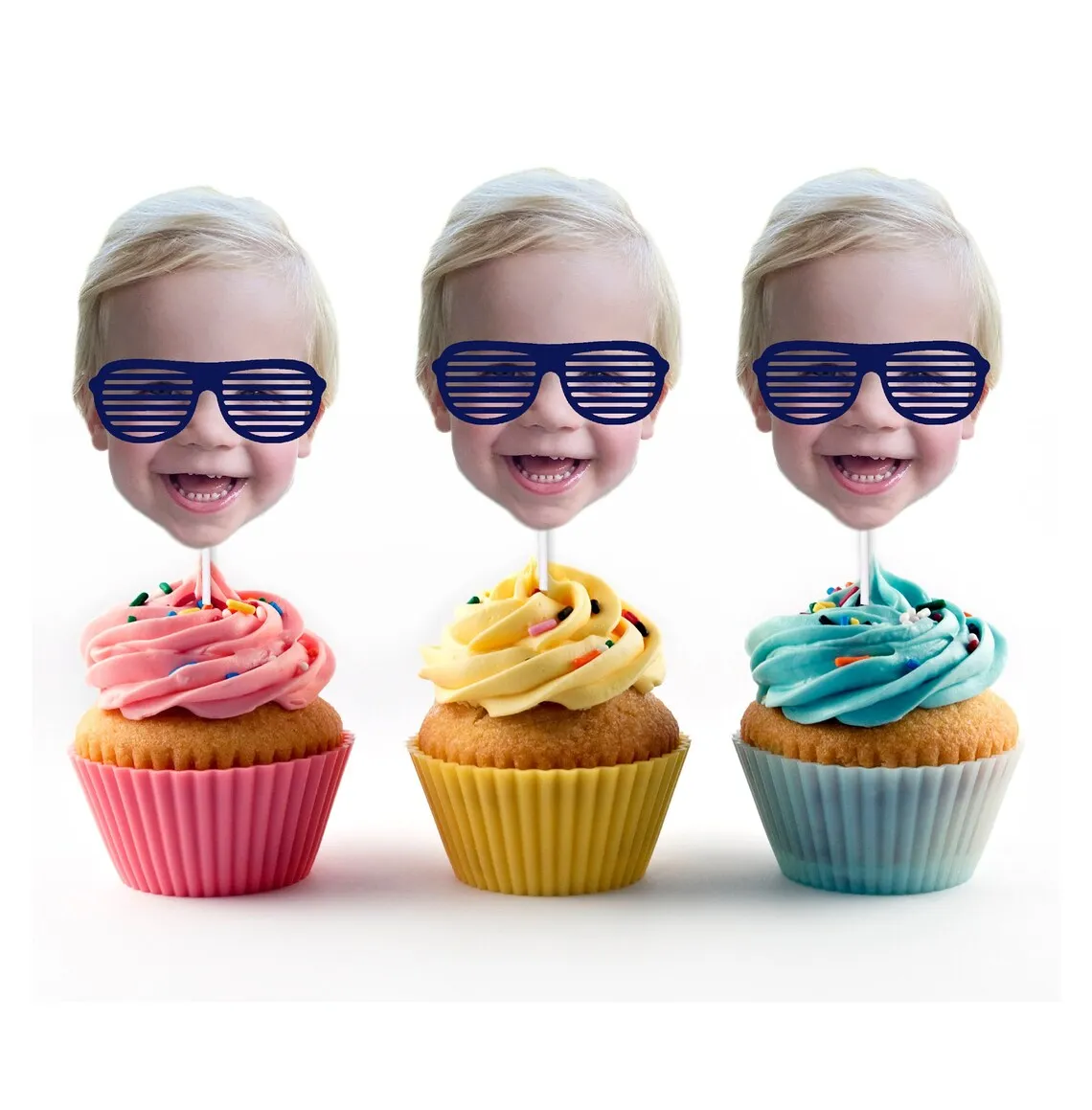 Too Cool Cupcake Toppers with Custom Face Photo (12 count) - 2, Two, Sunglasses, Birthday Party Decorations, Aviators, second bi