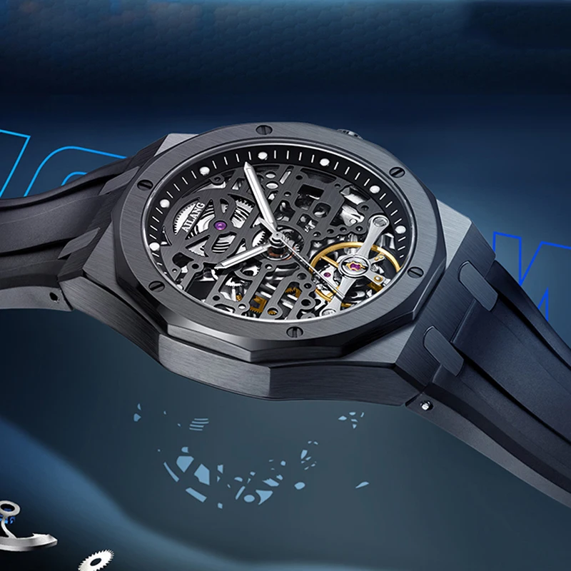 Top Brand AILANG Automatic Mechanical Watches Men Tourbillon Watch Waterproof Black Steel Case Rubber Strap Reloj Hombre