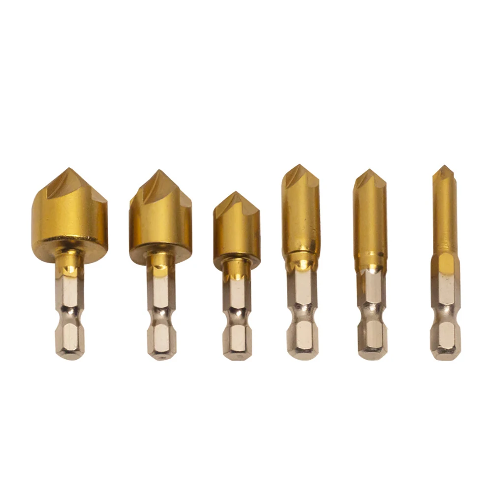 6PCS 6.35MM Hexagonal Shank Titanium Plated Three-Edged Chamfering Cutter Reaming Chamfer Woodworking Countersinking Drill Set