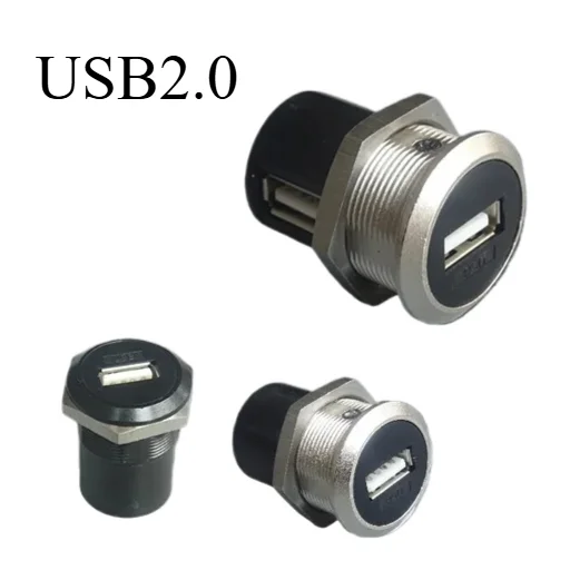 Round hole USB2.0 straight head elbow female to female with nut fixed metal shell connector module, hole 24MM