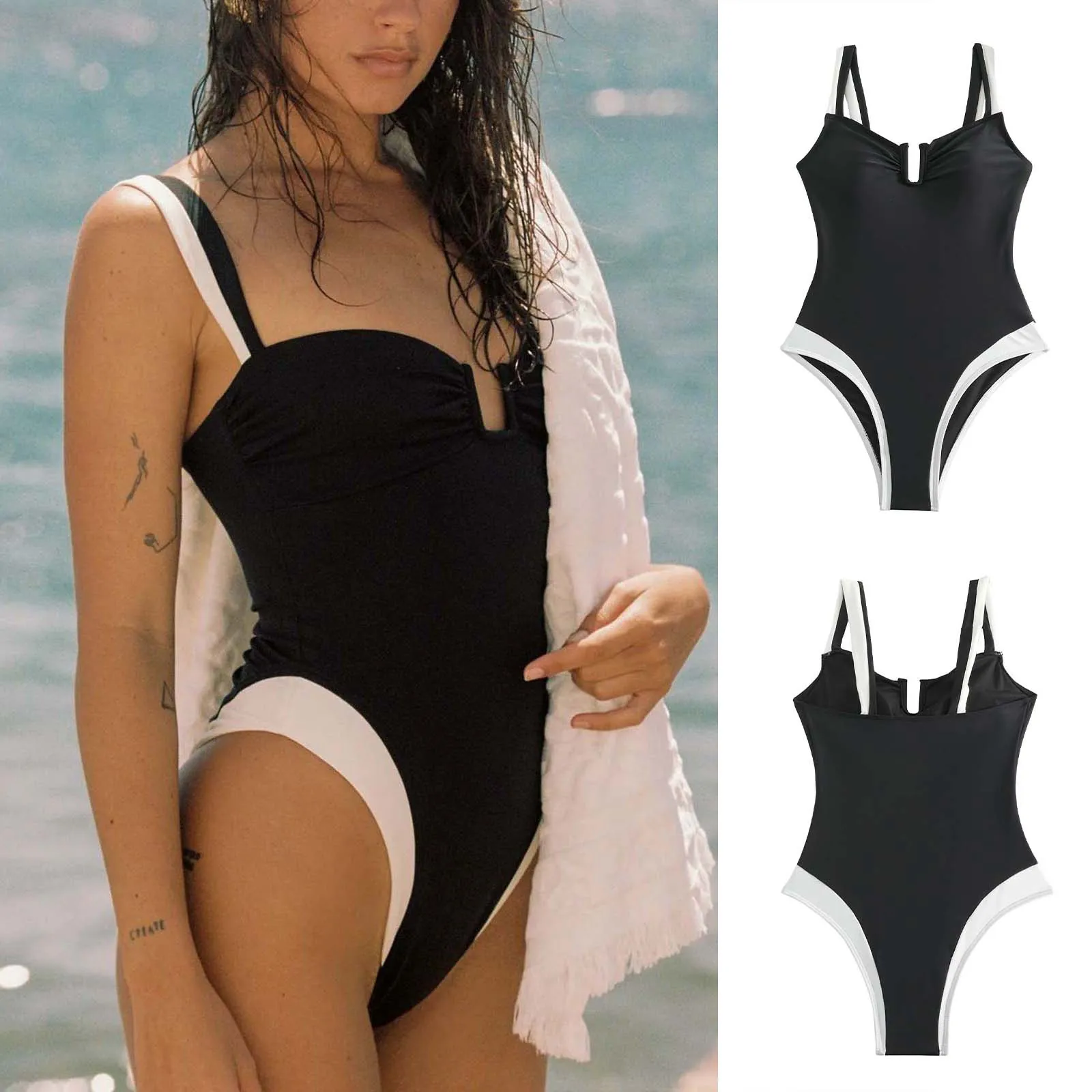 Damski strój kąpielowy 2024 Summer New Fashion Clashing U Neck Halter One Piece Swimsuit Bikini Sexy Push Up Backless Bikini Swimwear