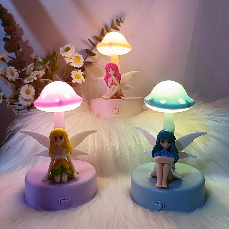 

Fantasy Fairy Girl Doll Mushroom Shaped Small Night Light LED Luminous Table Lamps For Children Christmas Gift Colorful Flashing