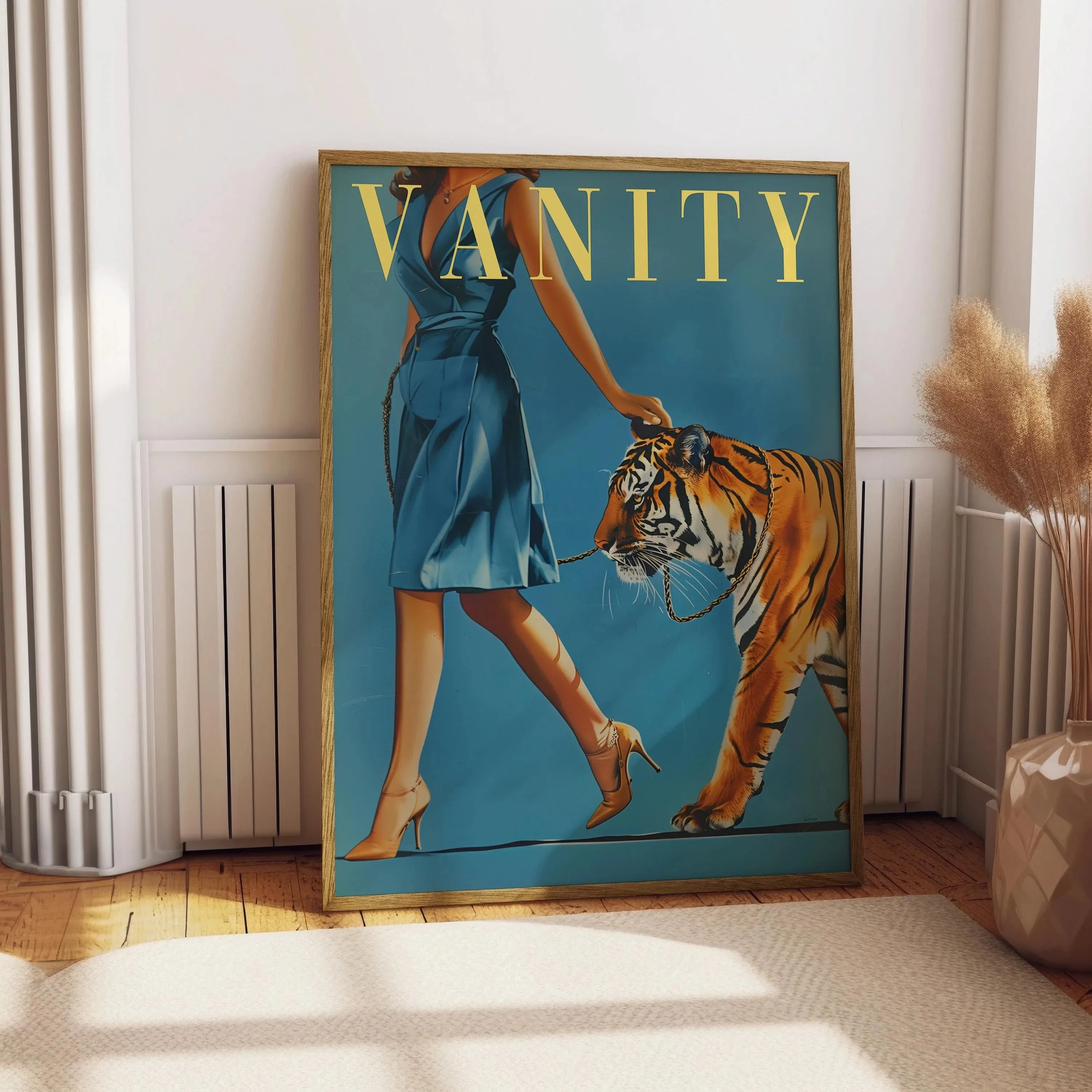 Vintage Woman Walking a Tiger Poster Women Fashion Magazine Wall Art Badass Bestie Eclectic Feminist Print Funny Retro Wall Deco