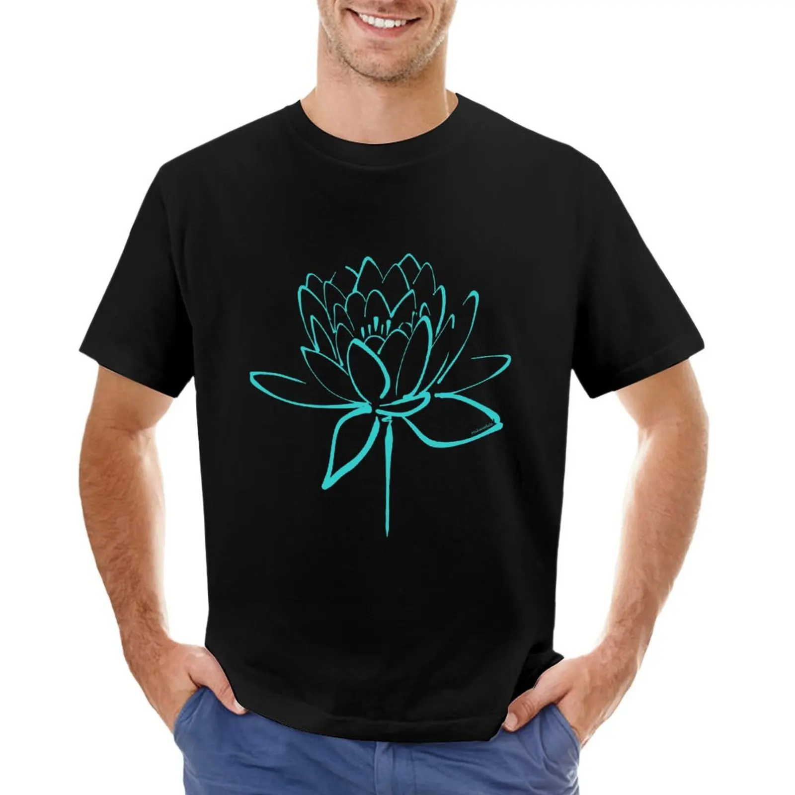 Lotus Blossom Calligraphy Cyan T-Shirt cute tops Short sleeve tee t shirts men