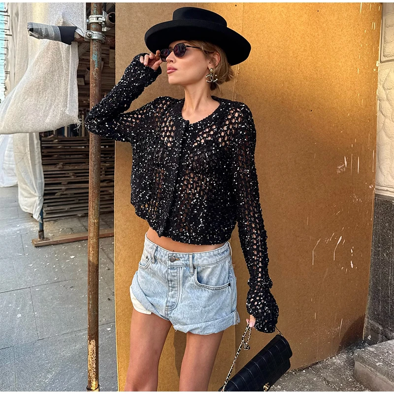 Fashion Sequin Knitted Cardigan For Women Fashion  Long Sleeve Cropped Hollow Aweater Lady Spring New Chic Streetwear
