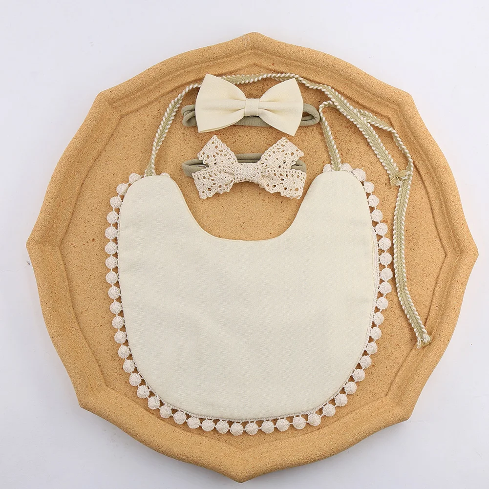 3Pcs/Set Solid Bamboo Cotton Baby Boy Girl Bib Lace Bow Headband Tassel Soft Newborn Feeding Burp Cloth Saliva Towel Kids Scarf