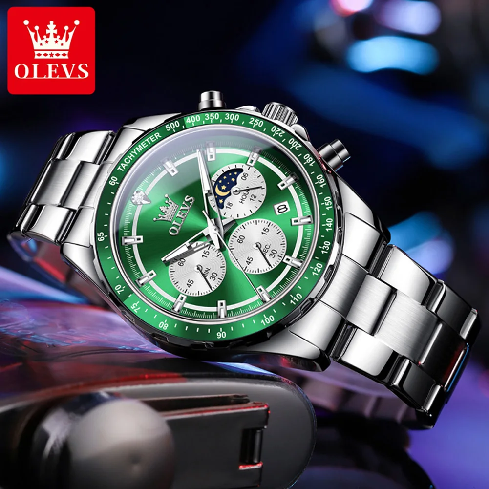 OLEVS Green Mens Watches Chronograph Luxury Dress Moon Phase Quartz Stainless Steel Waterproof Luminous Business Wrist watch